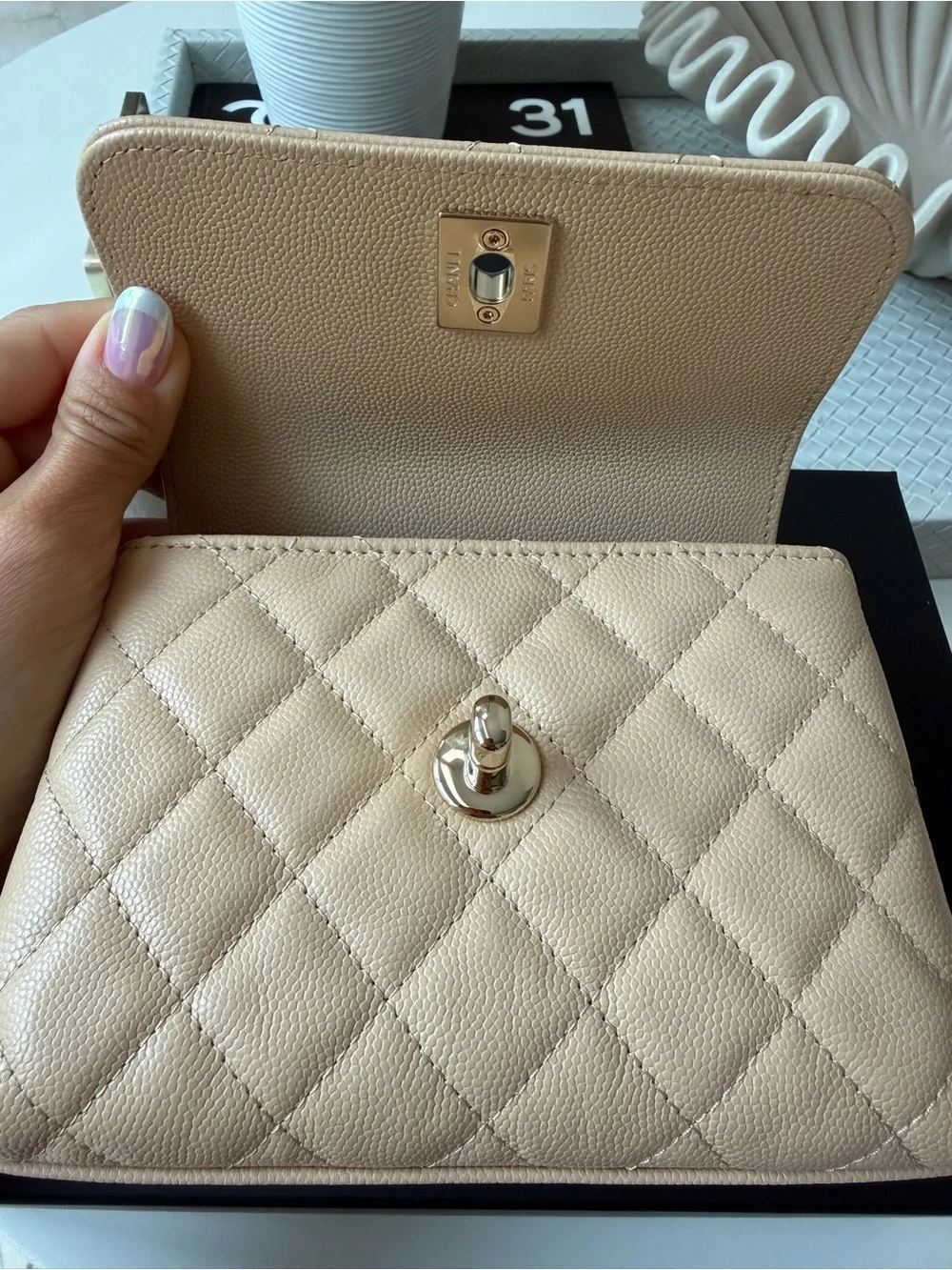 Chanel 24K AP4244 Micro Coco Handle Extra Mini Flap Beige Caviar Clutch GHW Bag